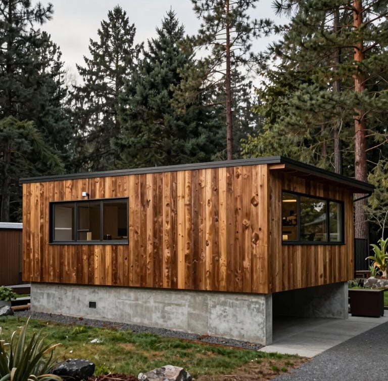 Flat-on architectural elevation of a mid-century modern home in a Pacific Northwest pine forest, raw concrete foundation meeting unrestored cedar siding under overcast daylight, soft side-lighting, no distortion.