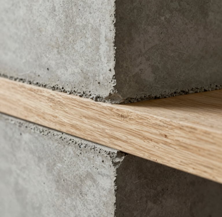 Extreme close-up of a material transition, raw poured concrete meeting grain-matched timber joinery, soft natural side-lighting, brutalist architectural detail.