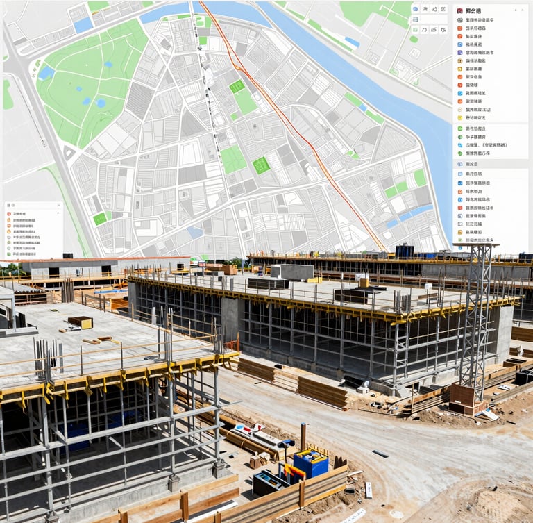 Digital overlay of a construction site with geographical data and regulatory maps, showing precise territorial analysis, bright natural daylight, cool concrete and steel tones, wide-angle lens, high-contrast structural details.