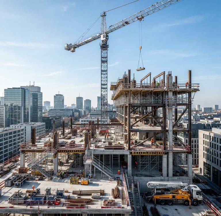 Obra en construcción activa y ordenada, vista panorámica con grúa y estructura de acero, luz natural nítida, tonos fríos de hormigón y metal, planos técnicos superpuestos en el tercio izquierdo. Crisp architectural photography, bright natural daylight, cool concrete and steel tones, wide-angle lens, high-contrast structural details.