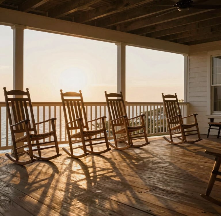 Wide angle panoramic view of a sunlit wooden porch at golden hour, empty rocking chairs, soft shadows, warm inviting light.