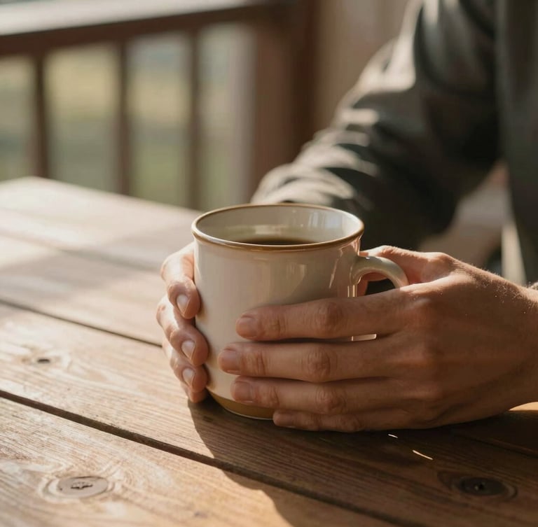 A close-up of hands holding a warm ceramic mug on a wooden porch table, soft morning light casting long shadows, domestic warmth.
