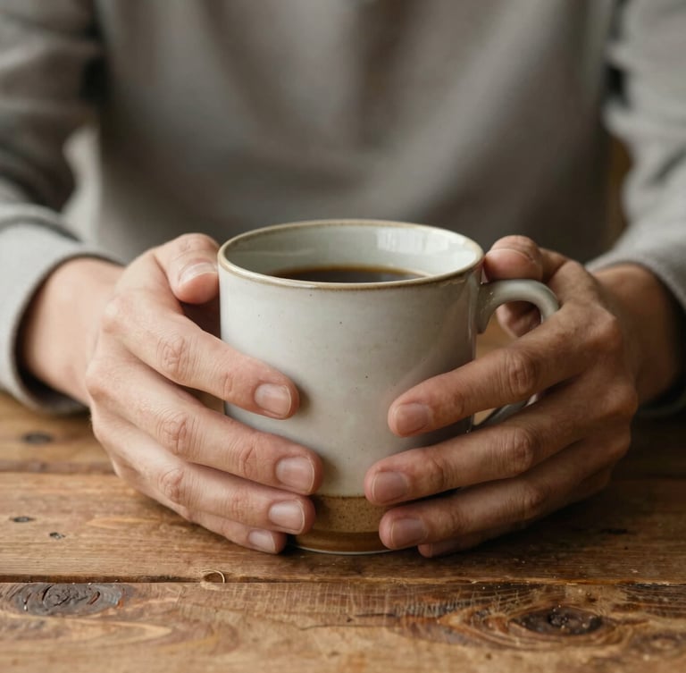 Close-up of hands holding a warm ceramic mug on a rustic wooden table, soft natural light, domestic warmth.
