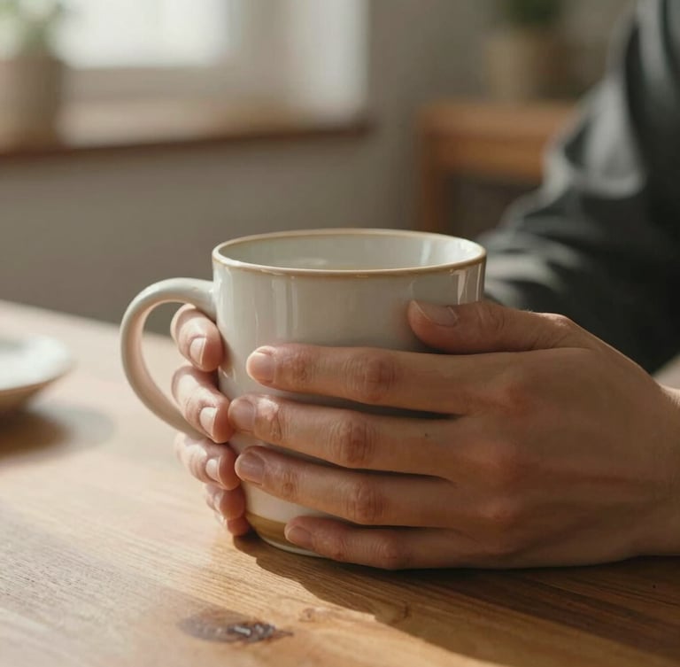 Close-up of hands holding a warm ceramic mug on a wooden table, soft morning light, cozy home atmosphere.