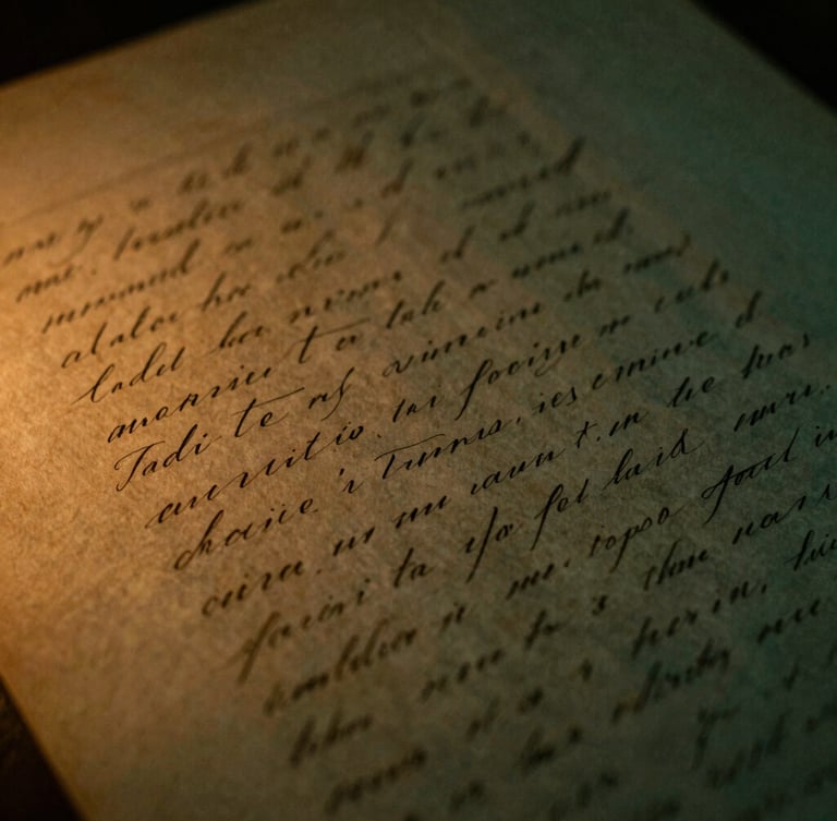 Moody close-up of textured vintage manuscript paper covered in elegant ink handwriting, low-key warm amber side lighting, dramatic shadows, 35mm film grain