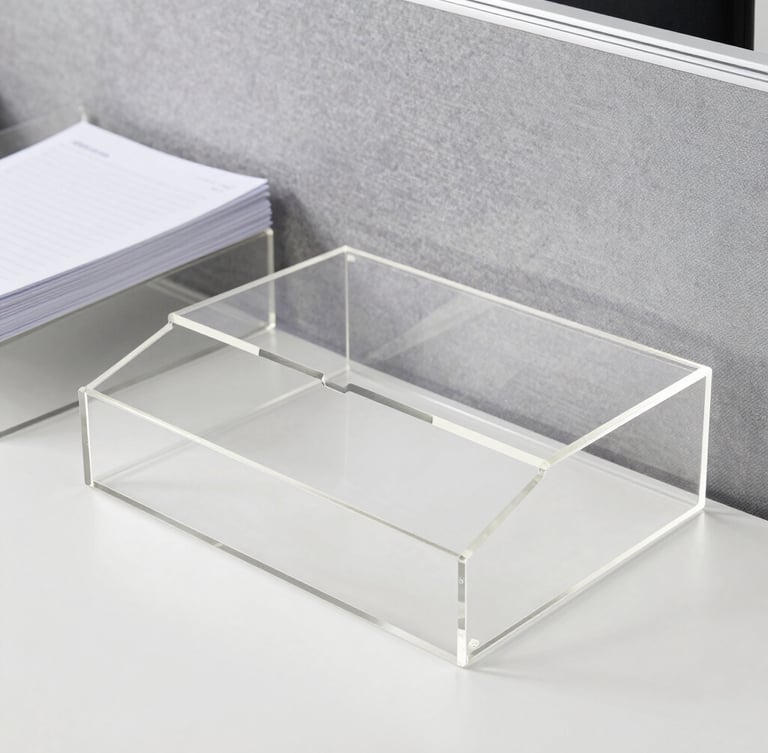 Clean eye-level environmental shot of a modern organized corporate desk with clear acrylic document holders and desk organizers, bright office light