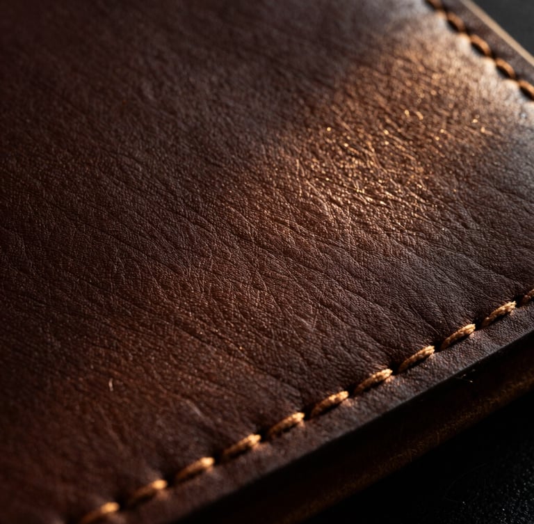 Macro close-up of full-grain espresso-toned leather being hand-stitched with linen thread, seven stitches per inch visible, dramatic chiaroscuro lighting, warm golden highlights