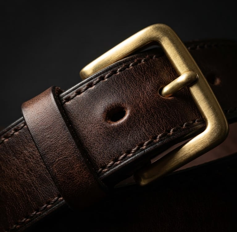 Dramatic editorial fashion photography of a hand-burnished espresso brown leather belt with a gold-plated brass buckle, high-contrast chiaroscuro studio lighting, extreme close-up focusing on the seven stitches per inch craftsmanship details