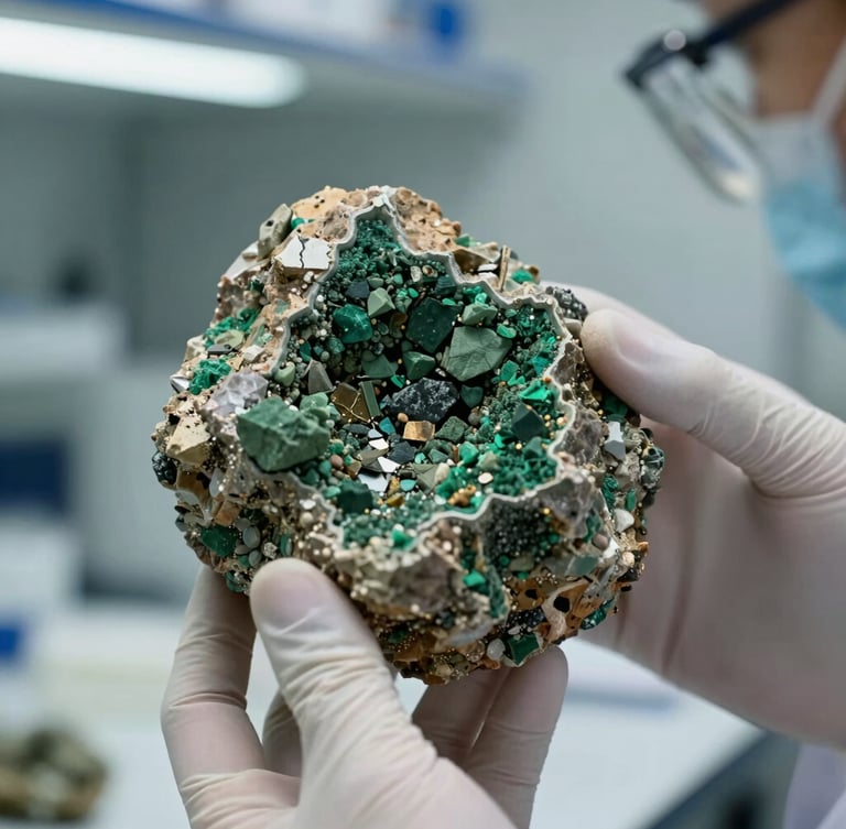 Close-up of a scientist in a clean laboratory analyzing raw green mineral ore under natural overcast light, focus on the raw geological specimen, technical and scientific atmosphere.