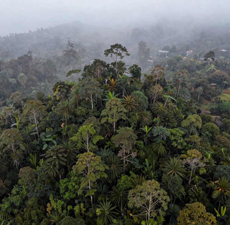 Vista aérea de un proyecto de restauración forestal en los Andes colombianos, neblina matutina, luz natural difusa, enfoque en la densidad del follaje verde.