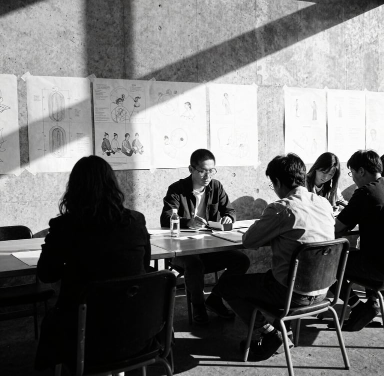 A raw, high-contrast black and white photograph of an advertising war room, sketches taped to a concrete wall, harsh direct key light casting deep shadows, 35mm lens.