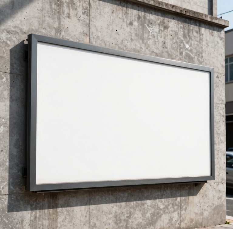 Raw environmental photograph of a massive billboard on a gritty urban concrete wall under harsh, direct sunlight, casting deep shadows, sharp 35mm lens.