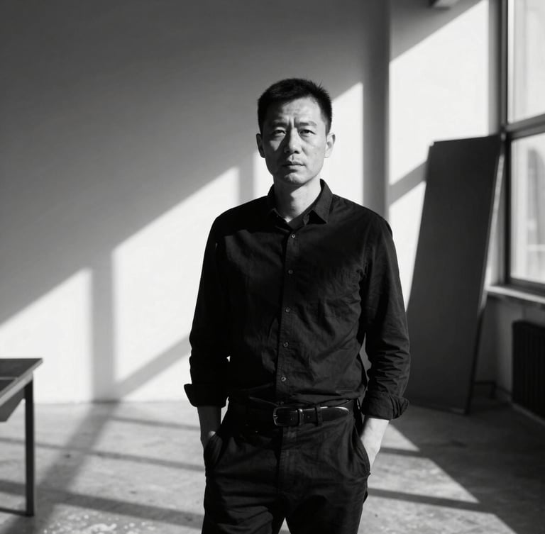 Raw high-contrast black and white portrait of a creative director in a gritty urban studio, harsh direct sunlight casting deep geometric shadows, sharp 35mm lens