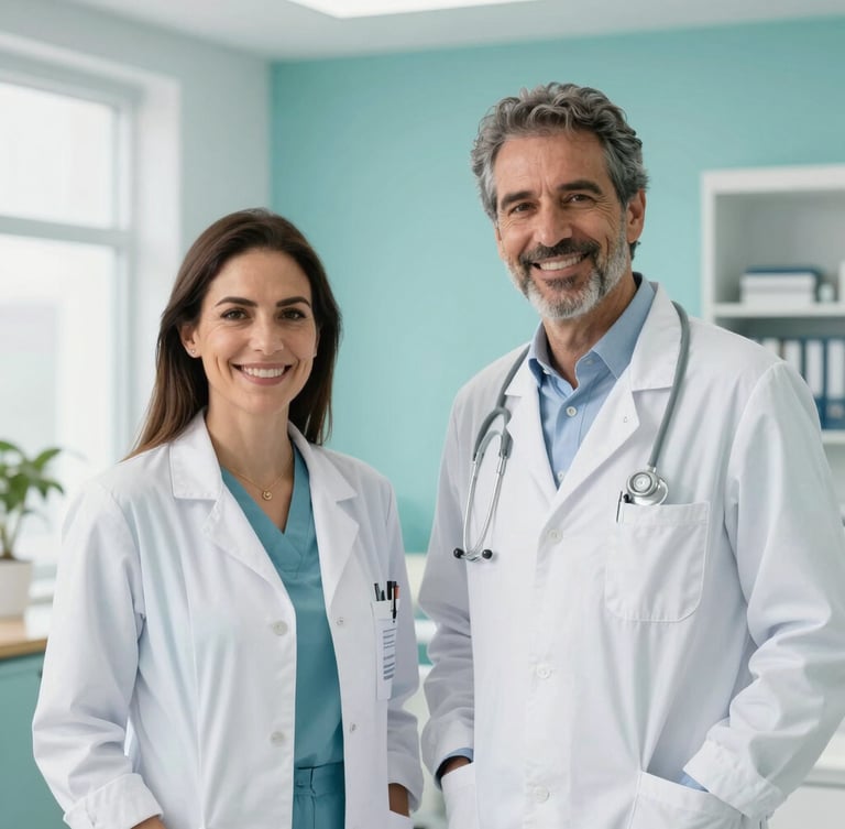 A professional medium shot of Dra. Sara González and Dr. Emilio Teyssier in clean clinical white coats, smiling warmly in a bright modern medical office with soft turquoise accents.