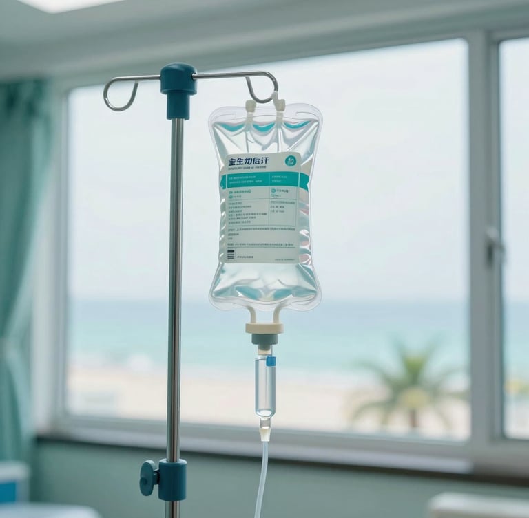 A professional close-up of a sterile IV drip hydration bag with clean medical equipment, bright natural daylight, soft turquoise tones, resort window background.