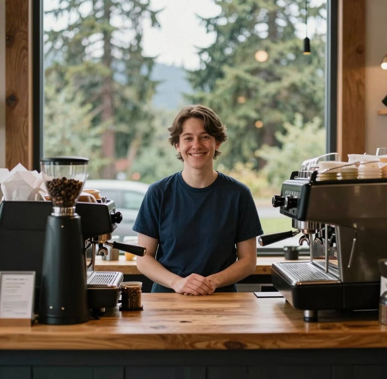 A warm, natural light photograph of a local Washington coffee shop owner smiling behind a wooden espresso bar, soft Pacific Northwest morning light filtering through the window