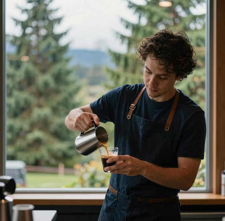 Authentic editorial photography of a Seattle barista pouring espresso, soft overcast Pacific Northwest daylight through a window, natural depth of field, rich evergreen tones.