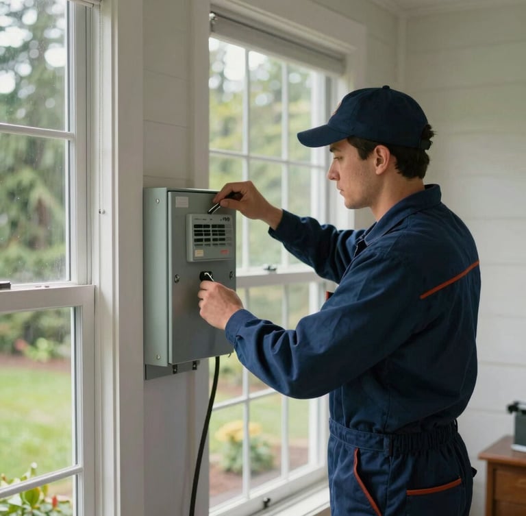 A local electrician in a clean uniform working on a residential panel in a Washington home, soft natural window light, professional and authentic