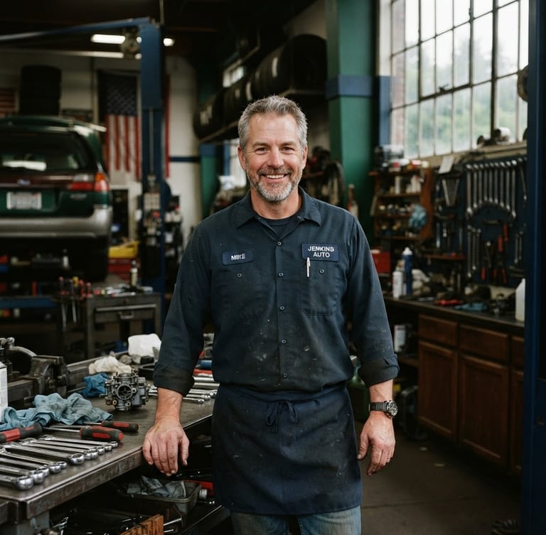 Authentic editorial portrait of a local mechanic in a clean Washington garage, smiling, soft natural Pacific Northwest daylight, tools in background, rich evergreen and navy tones.