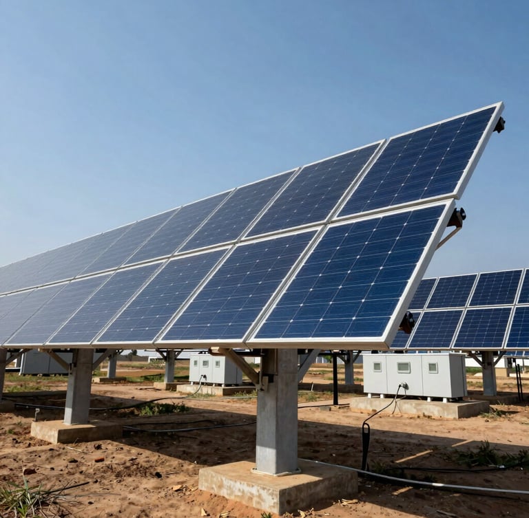 Low-angle wide shot of a massive solar array under intense midday sun in Nigeria, concrete substations in the background, sharp technical details