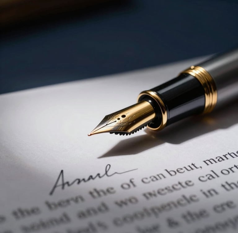 Macro close-up of a premium gold fountain pen resting on a signed legal document, dramatic side-lighting, dark navy background, high-contrast chiaroscuro