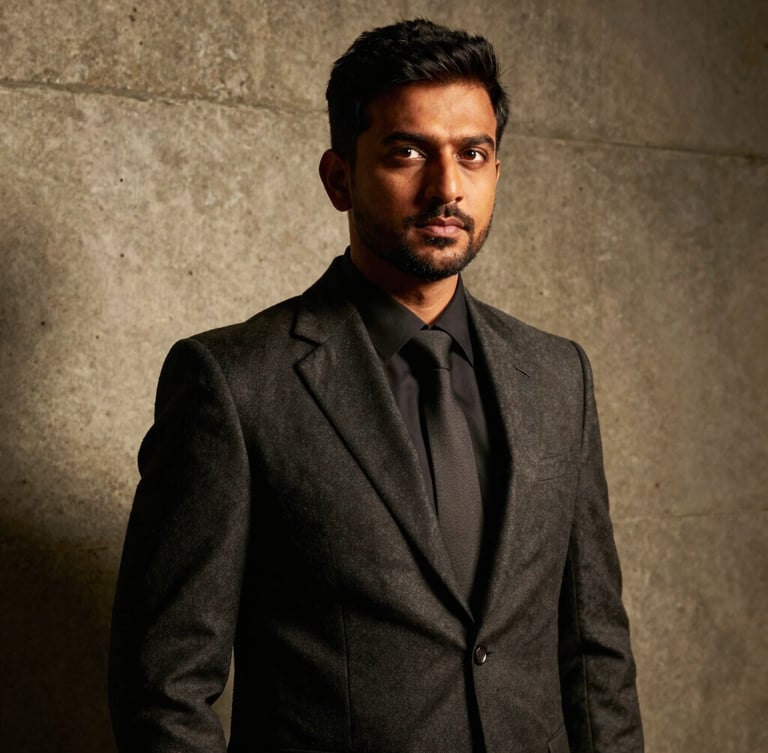 Dramatic chiaroscuro portrait of a South Asian male strategist in a structured dark charcoal suit, low-key lighting with warm gold undertones, architectural concrete background, tight editorial crop.