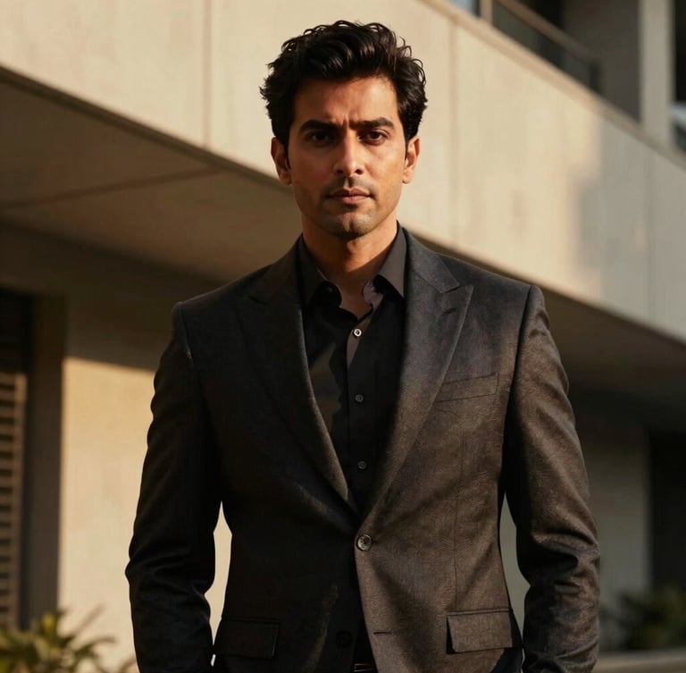 Low-key dramatic portrait of Surya Kant in a dark structured suit, warm golden chiaroscuro lighting, modern architectural lines in the background.