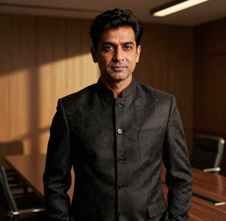 Editorial portrait of Surya Kant in dark structured attire, dramatic chiaroscuro lighting with warm golden undertones, low-key contrast, modern architectural boardroom background.