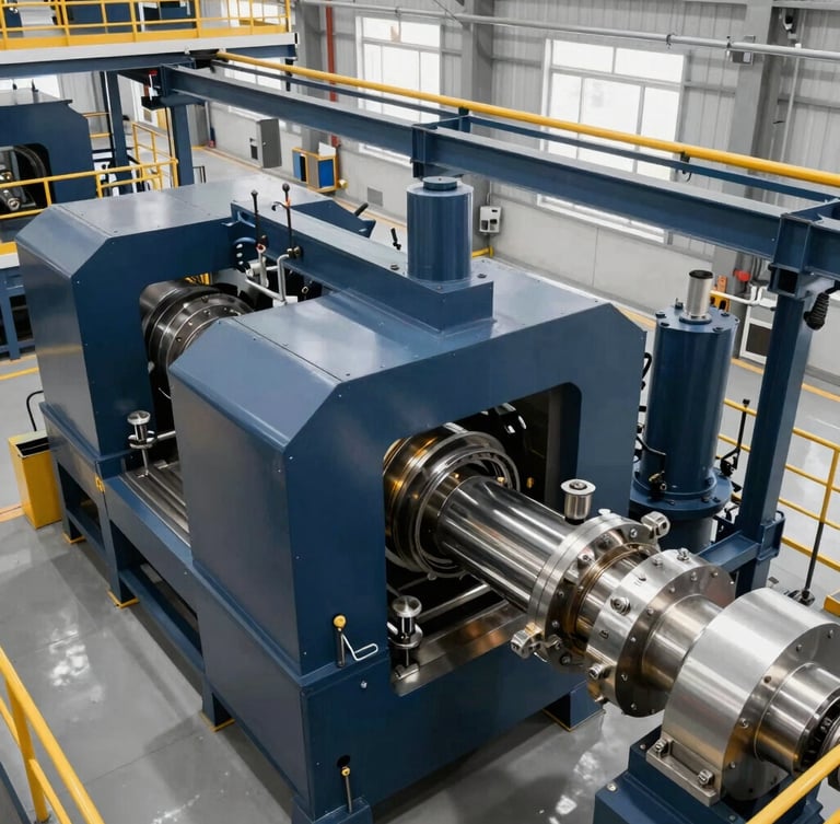 High-angle architectural shot of heavy industrial machinery in operation within a modern manufacturing facility, bright daylight, steel and navy tones with clean metallic highlights.