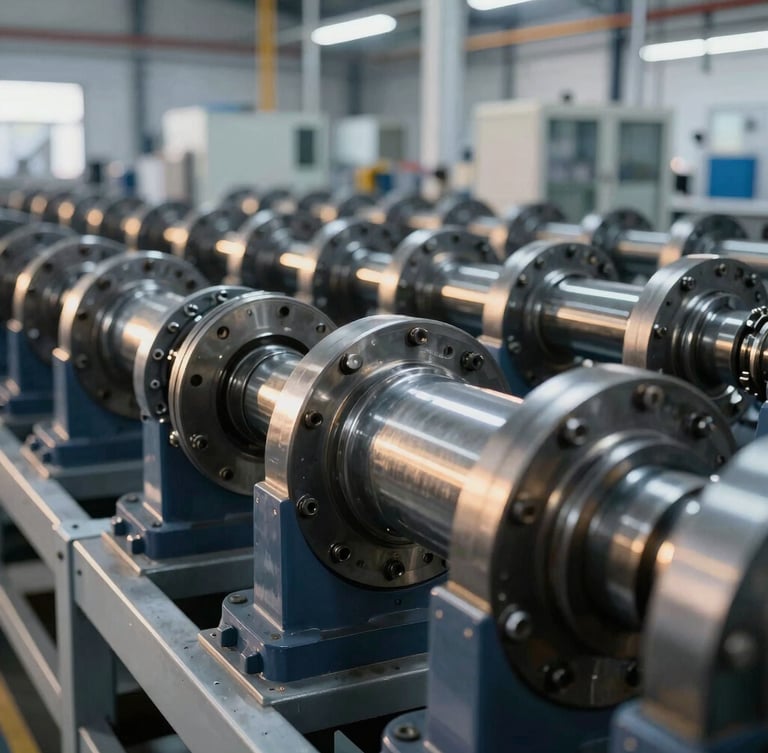 Detailed macro shot of heavy industrial machinery components in a clean, modern manufacturing facility, cool metallic steel tones with warm golden-hour highlights.