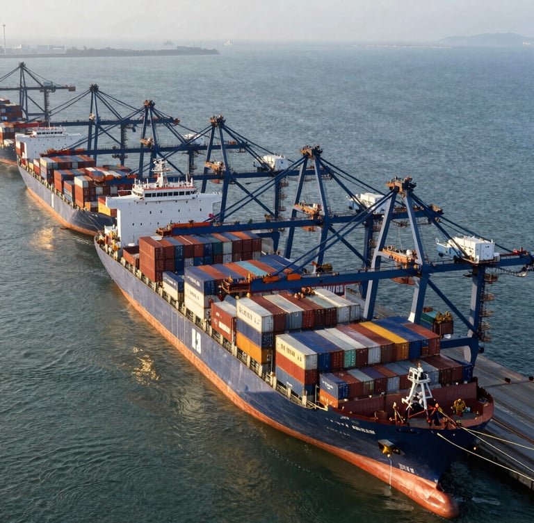 Wide architectural high-angle shot of a deep-water container port, massive cargo ships docked, bright daylight with cool steel tones and warm golden highlights on the water.