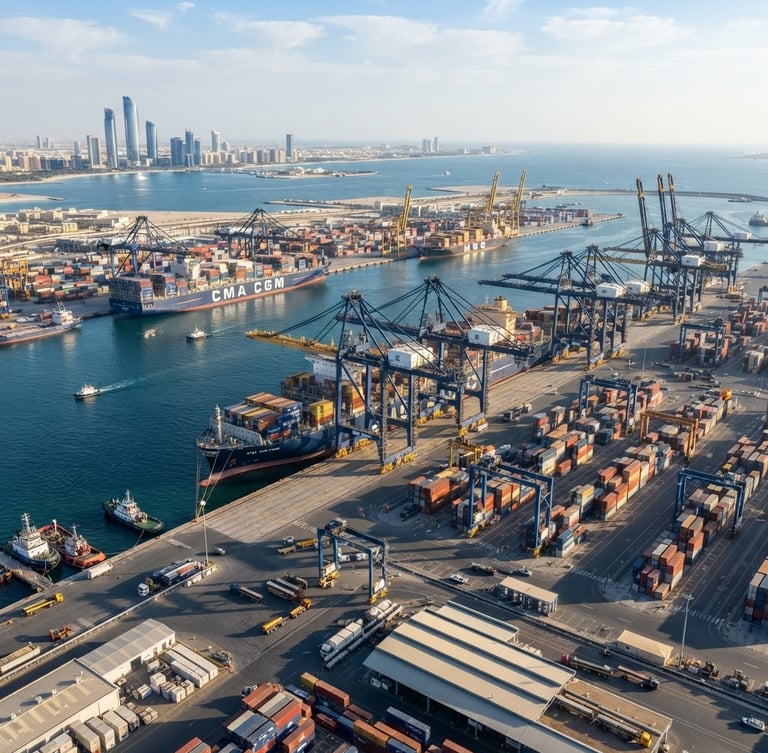 High-angle panoramic shot of a deep-water industrial cargo port in the UAE under bright daylight, massive container ships, cranes, cool steel blue tones with warm golden highlights on metallic surfaces.
