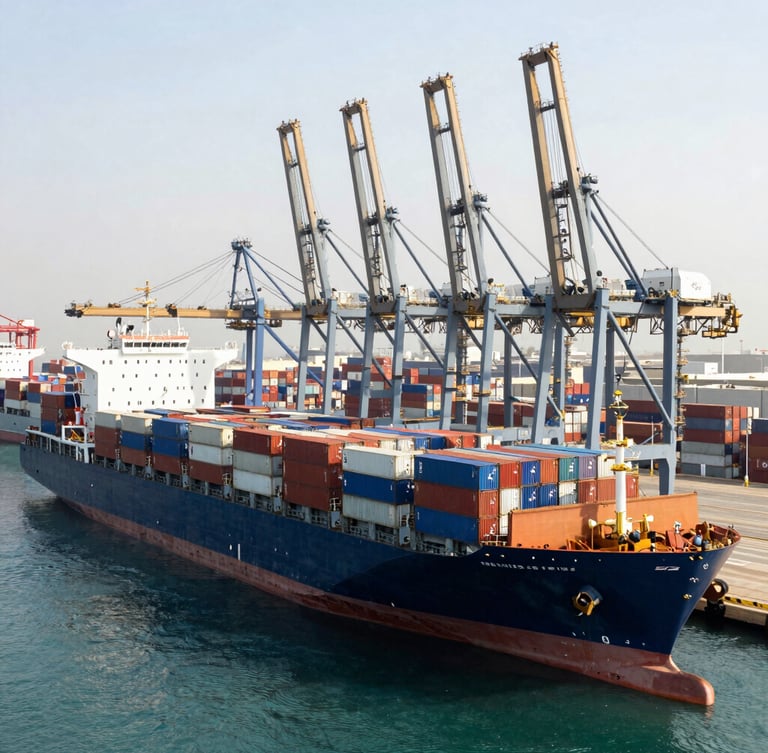 High-angle architectural shot of a modern deep-water cargo port in the UAE, container ships stacked precisely, bright daylight with subtle gold highlights on steel cranes.