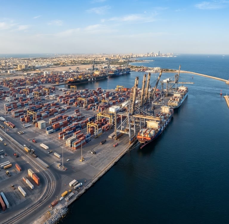 High-angle panoramic view of a deep-water shipping port in Sharjah, massive cargo containers stacked neatly under bright daylight, cool navy water, steel cranes reflecting gold highlights.