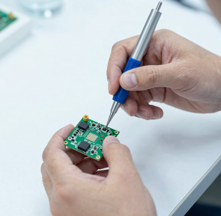 Close-up portrait of a biomedical technician's hands using precision tools to repair a complex circuit board, bright cool-toned daylight, sterile white background, sharp focus, 35mm