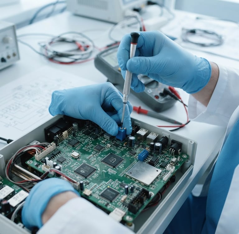 Close-up of a uniformed biomedical technician's hands using precision tools to calibrate a complex medical circuit board, bright clinical daylight, sterile white and medical blue tones, sharp focus.