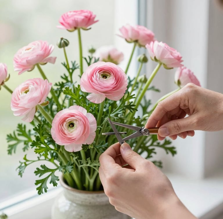 Close-up of florist hands carefully trimming and arranging delicate pink ranunculus and textured green foliage in a ceramic vessel, soft overcast daylight, 35mm