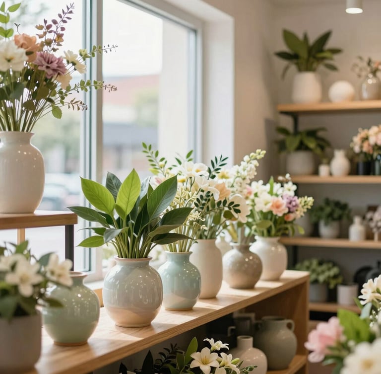 Bright editorial photography of a modern flower shop interior in Midvale, soft natural window light, shelves with ceramic vases and fresh green foliage, shallow depth of field, 35mm