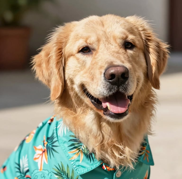 Eye-level close-up of a joyful golden retriever wearing a vibrant teal tropical print shirt, bright natural daylight, warm sunny setting, shallow depth of field.
