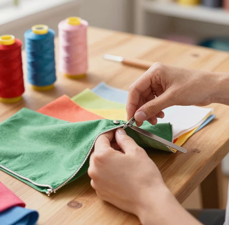 An artisan hand-cutting colorful fabrics on a wooden table in a brightly lit sewing workshop, thread spools in background, warm lighting