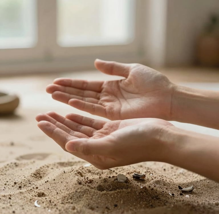 Close-up of hands hovering gently during a pranic healing session, warm sand and sage tones, soft morning window light, 35mm