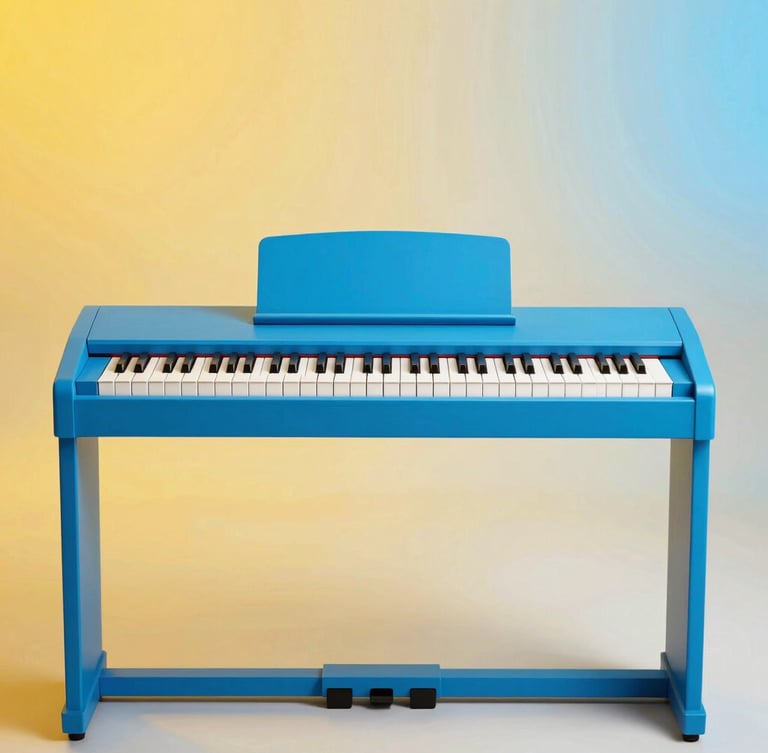 Straight-on clean studio shot of a modern digital piano keyboard, bright electric blue and warm yellow neon highlights, crisp high-key lighting, modern editorial style