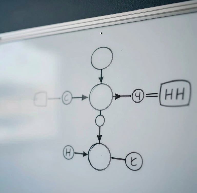 Macro close-up of a physical whiteboard with sharp, hand-drawn logic diagrams and structured flowcharts, cool high-contrast lighting, deep slate background