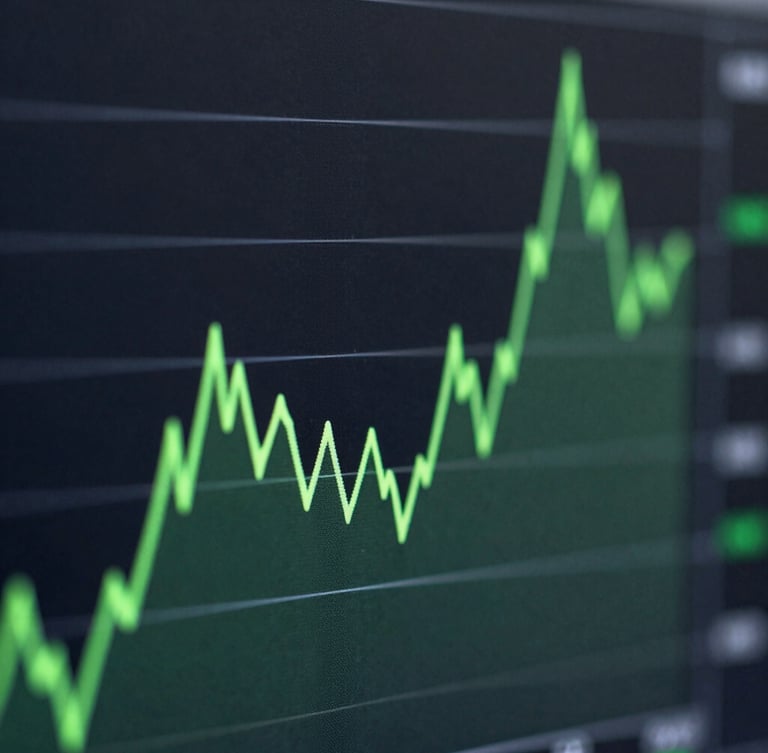 Macro crop of a high-contrast data visualization screen showing sharp green line charts against a dark slate background, cool studio lighting, deep shadows