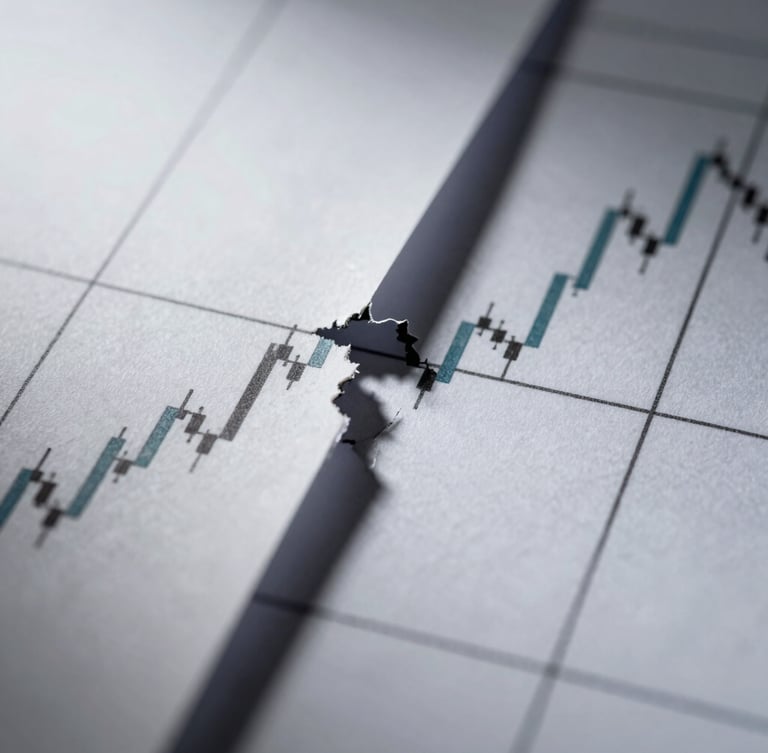 Macro crop of a high-contrast data visualization showing structural gaps in a financial model, cool sharp studio lighting, deep shadows.