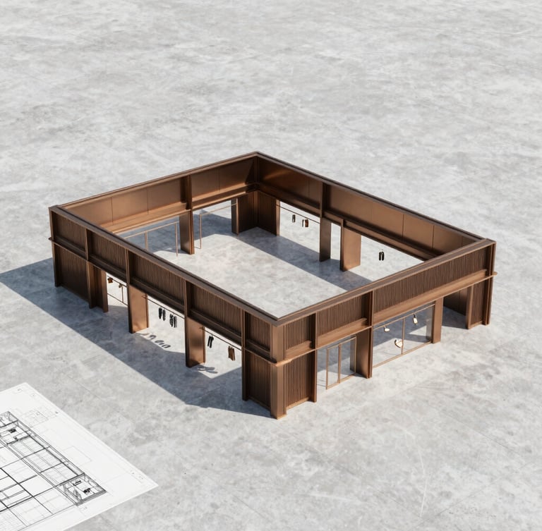 Architectural blueprint layout of retail shops overlaid on a clean concrete surface, warm bronze accents highlighting high-visibility corner units.