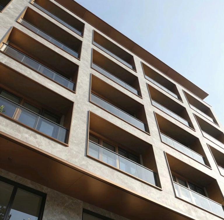 Low-angle architectural photography of a completed modern building facade, sharp geometric concrete lines, bright natural daylight, warm bronze accents