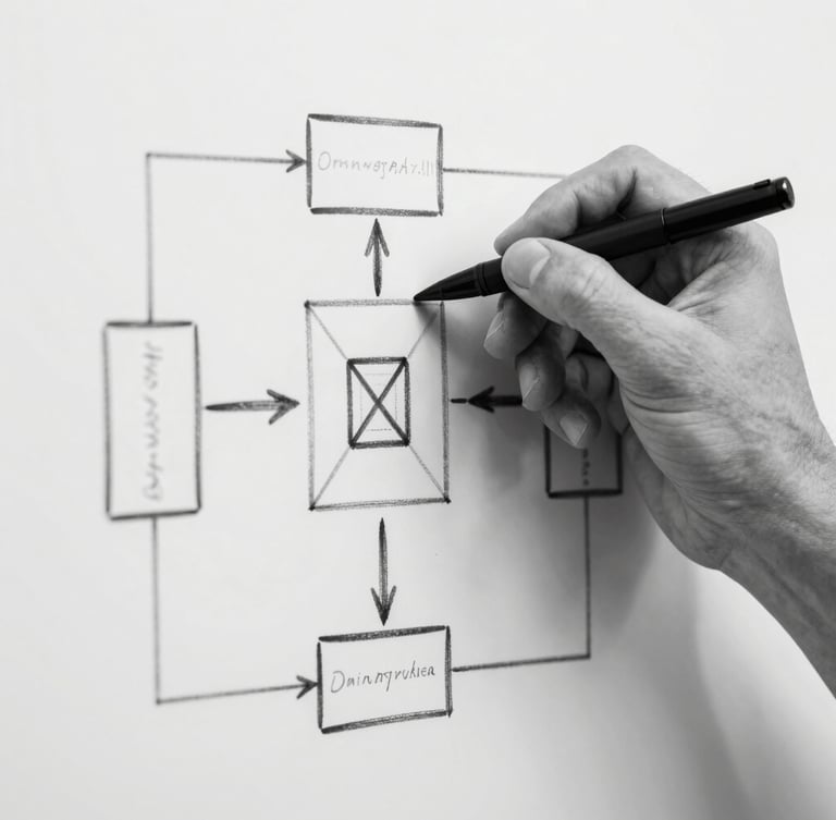 High-contrast black-and-white macro shot of a hand sketching a structured strategic framework on a white board, sharp geometric lines.