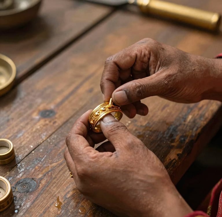 Close-up of an artisan's hands meticulously detailing a gold-plated cuff at a wooden bench in Kolkata, warm directional light