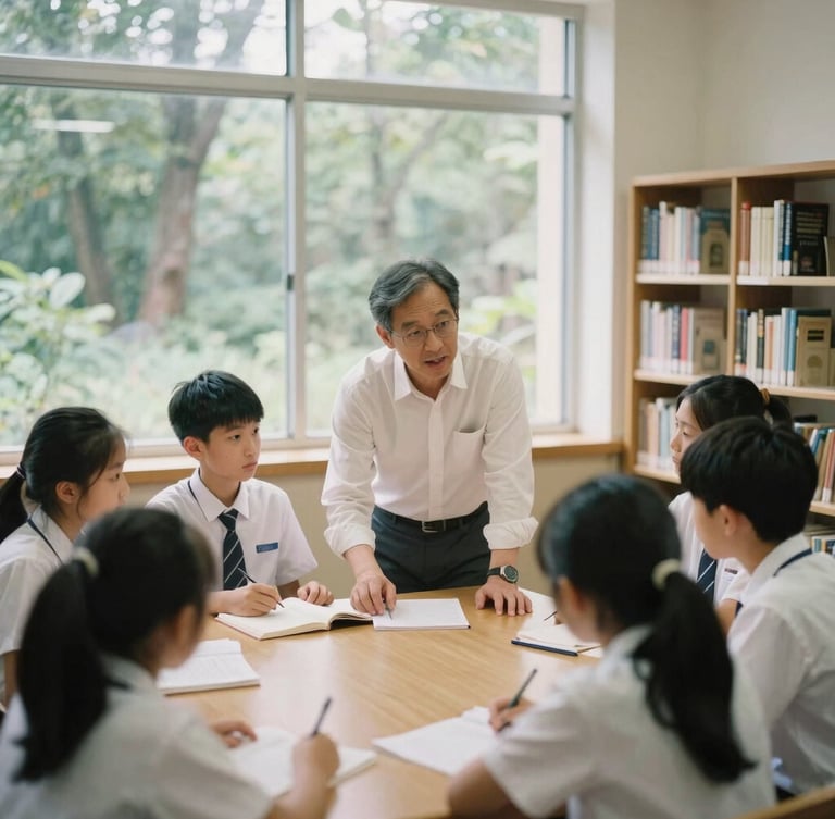 Medium format film of a community leader mentoring young students in a warm, sunlit library, natural daylight, soft forest tones, authentic editorial style